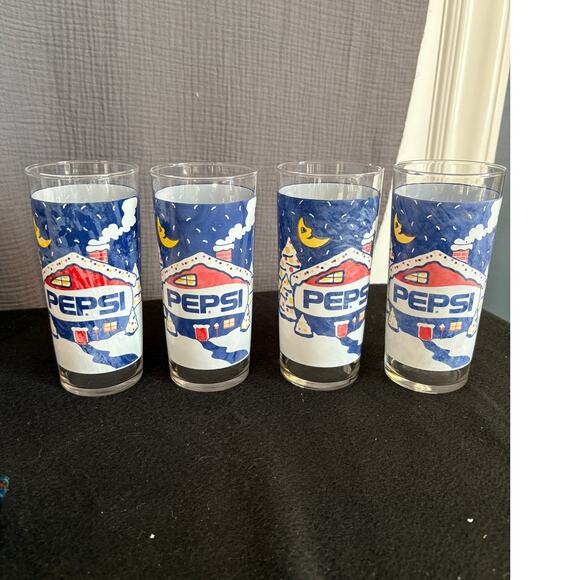 Vintage Pepsi Cola Glass Winter Christmas Snow Village Tumbler SET of 4 - Picture 1 of 4